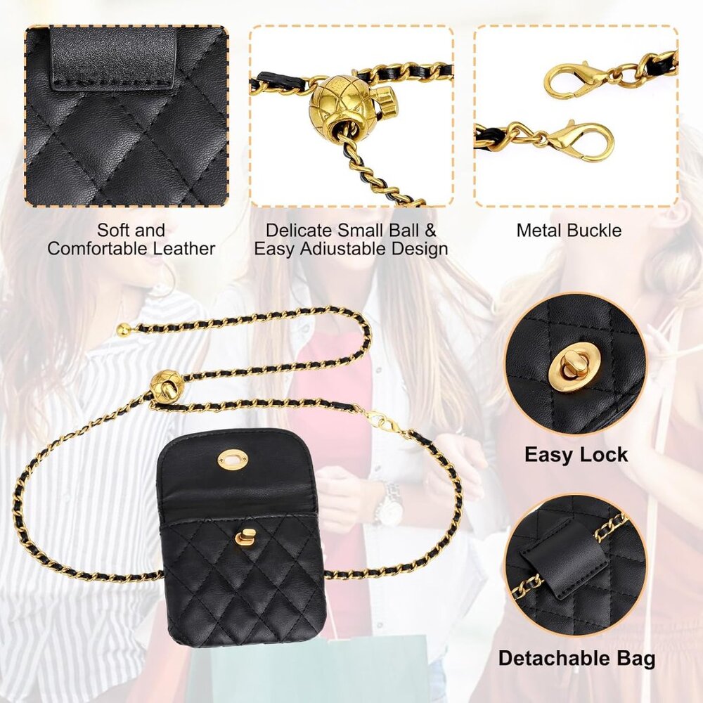 Mini Quilted Chain Crossbody Handbag, Waist Bag Purse Fanny Pack Black - Picture 3 of 7